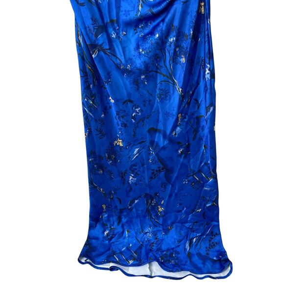 ZARA Oriental Printed Satin Midi Dress Ruched Shoulder Pads Keyhole Blue Small - Picture 7 of 12